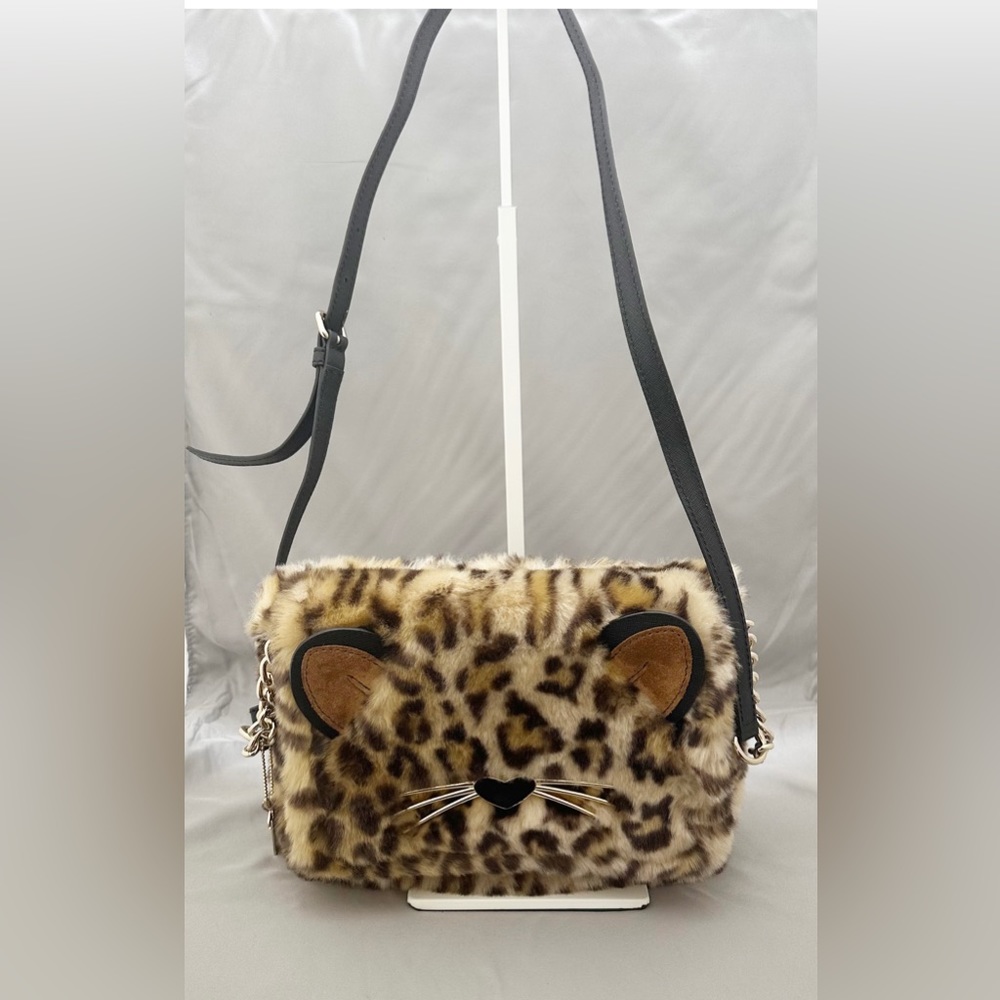 Kate Spade Purse Kitty Cat Face Muffin Handbag Cross Bag Faux Fur Animal Print
